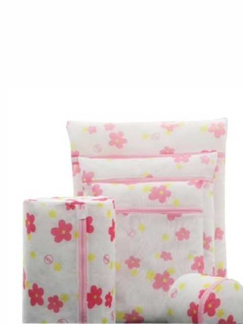 HomeCloud 5-Pcs White & Pink Printed Mesh Laundry Clothes Washing Bag With Zip Lock - Image 4