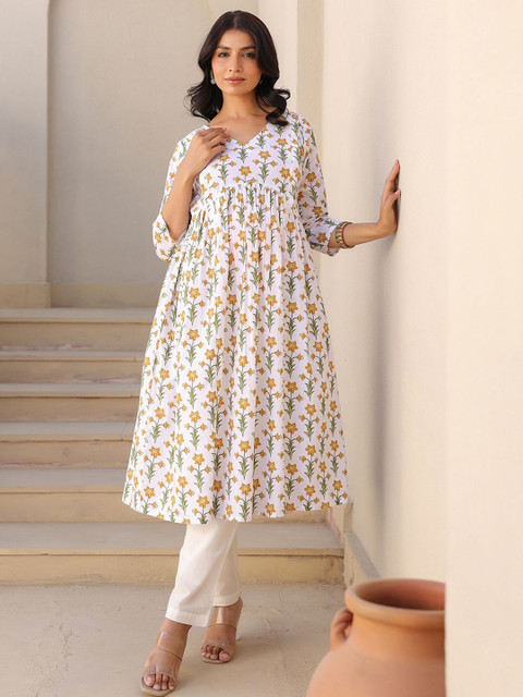 Janasya Women White Pure Cotton Floral Printed A-line Maternity Kurta