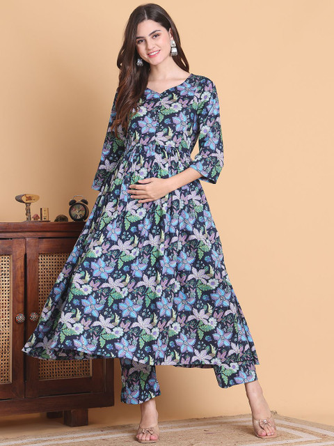 Secret Wish Women Floral Printed Sequinned Floral Maternity Anarkali Kurta Set