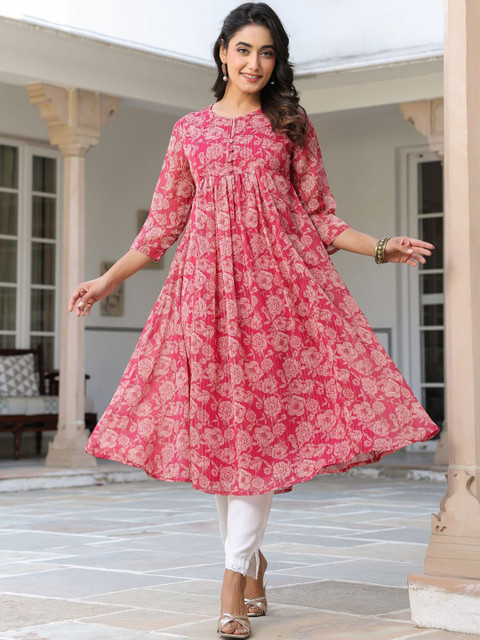 Janasya Women Dark Pink Chiffon Lurex Floral Printed Flared Kurta