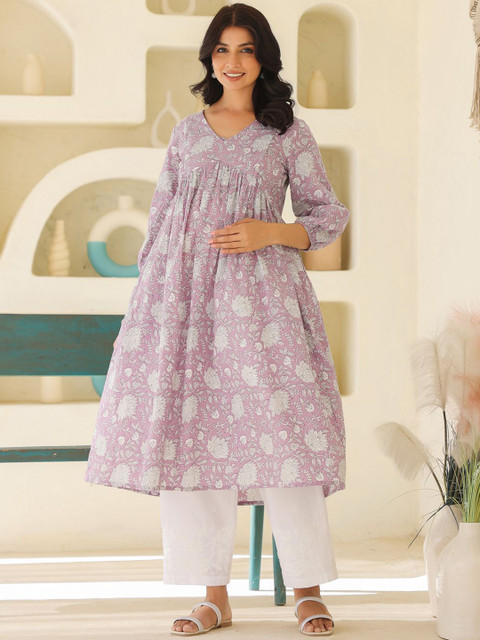 Janasya Women's Lavender Pure Cotton Floral Printed A-line Maternity Kurta