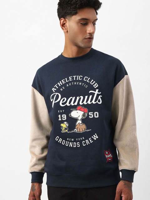 Bewakoof Heavy Duty Official Peanuts Merchandise Men's Blue & Brown Color Block Oversized Sweatshirt