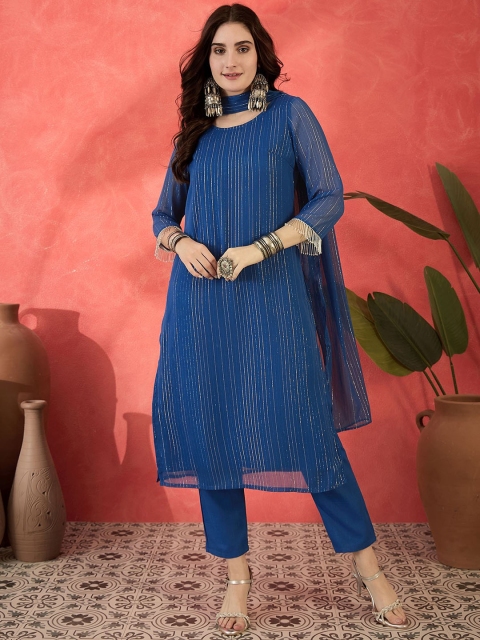 Sangria Striped Round Neck Georgette Straight Kurta With Trousers & Dupatta
