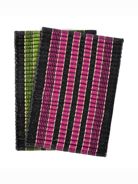 Aura Pink & Green 2 Pieces Cotton Rectangle Anti Skid Doormats