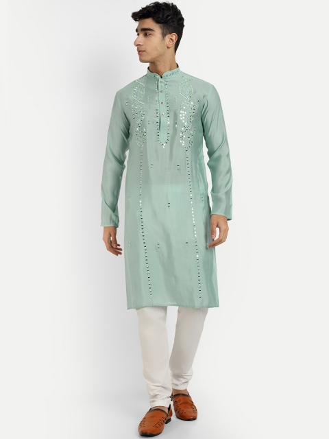WELL TEX Geometric Embroidered Mandarin Collar Mirror Work Straight Kurta