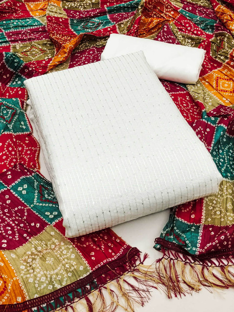 SHADOW & SAINING Striped Embroidered Sequinned Chanderi Cotton Unstitched Dress Material