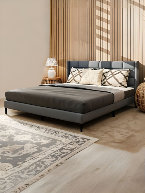 Royaloak Willow Grey & Beige Wooden Upholstered King Size Platform Bed