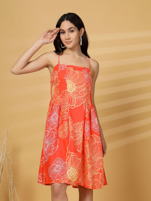 plusS Floral Printed Shoulder Straps Cotton A-Line Dress