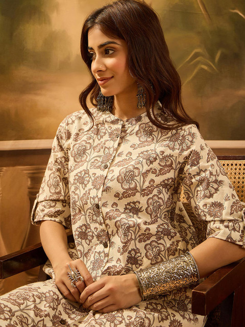 Sangria Floral Printed Mandarin Collar Pure Cotton A-Line Kurta