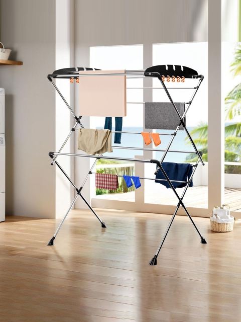 Kuber Industries Black 2 Layer Foldable Stainless Steel Cloth Drying Stand