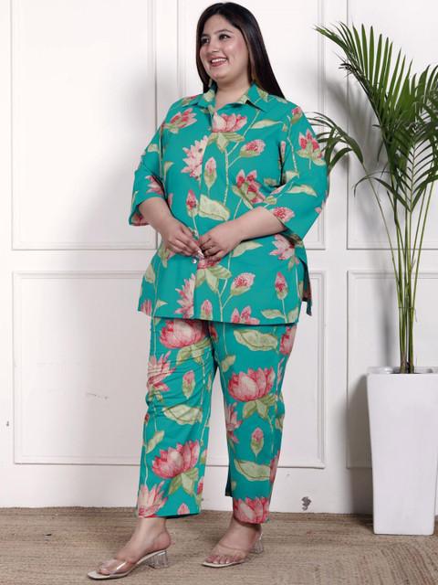KALINI Plus Size Floral Printed Shirt Collar Pure Cotton Shirt With Trousers - Image 4