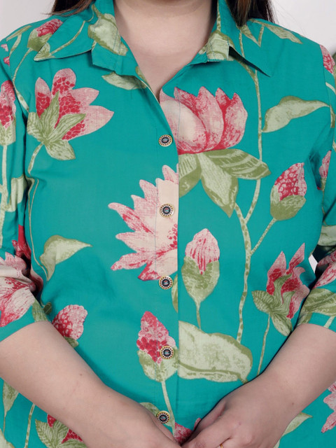 KALINI Plus Size Floral Printed Shirt Collar Pure Cotton Shirt With Trousers - Image 2