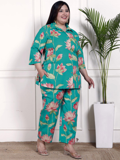 KALINI Plus Size Floral Printed Shirt Collar Pure Cotton Shirt With Trousers - Image 3