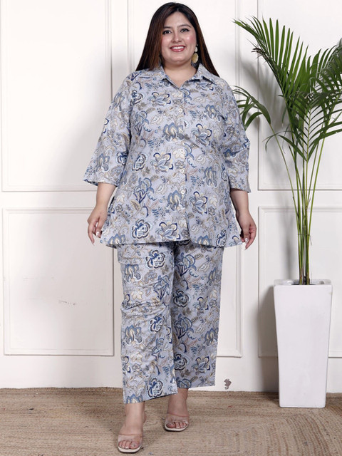 Swasti Plus Size Floral Printed Shirt Collar Pure Cotton Tunic With Trousers