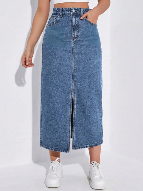 dolsia Denim Front Slit Straight Midi A-Line Skirt