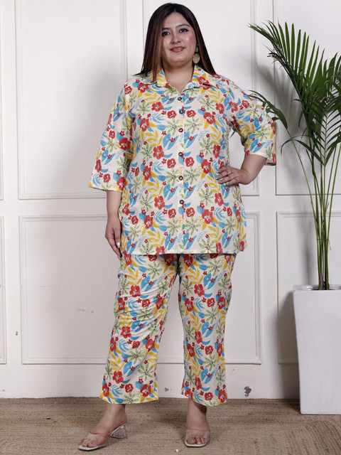 Swasti Plus Size Floral Printed Shirt Collar Pure Cotton Tunic With Trousers