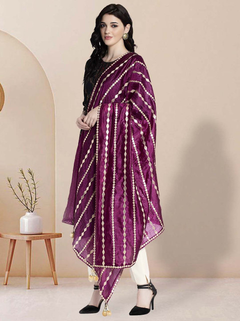 Moda Rapido Striped Embroidered Gotta Patti Dupatta - Image 3