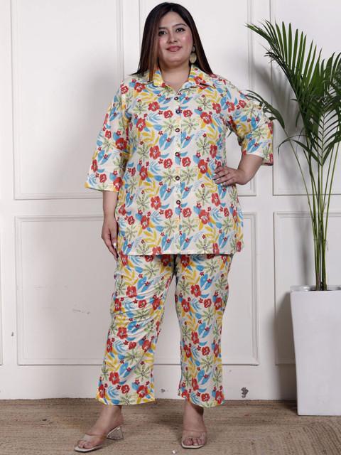 KALINI Plus Size Floral Printed Shirt Collar Pure Cotton Tunic With Trousers