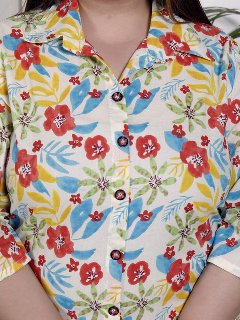 KALINI Plus Size Floral Printed Shirt Collar Pure Cotton Tunic With Trousers - Image 2