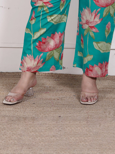 KALINI Plus Size Floral Printed Shirt Collar Pure Cotton Shirt With Trousers - Image 7