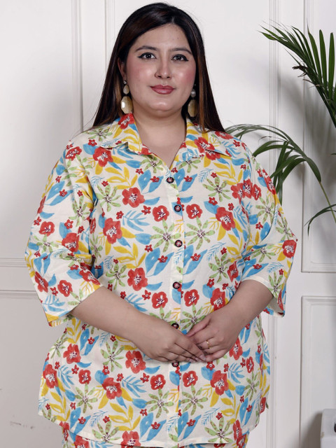 KALINI Plus Size Floral Printed Shirt Collar Pure Cotton Tunic With Trousers - Image 6