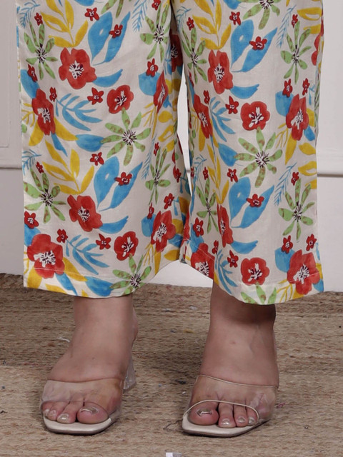 KALINI Plus Size Floral Printed Shirt Collar Pure Cotton Tunic With Trousers - Image 7