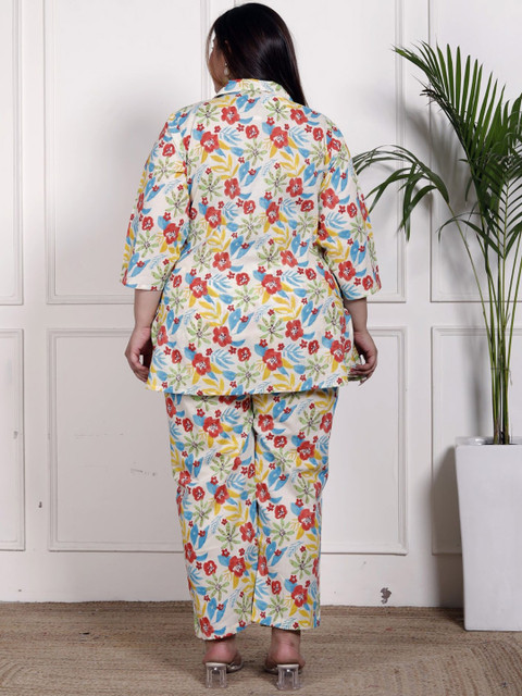 KALINI Plus Size Floral Printed Shirt Collar Pure Cotton Tunic With Trousers - Image 5