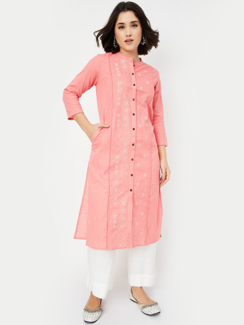 max Geometric Embroidered Mandarin Collar Thread Work Cotton Straight Kurta