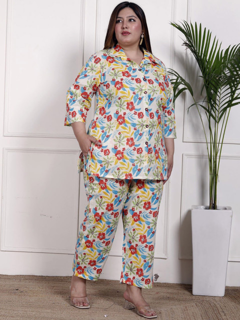KALINI Plus Size Floral Printed Shirt Collar Pure Cotton Tunic With Trousers - Image 3