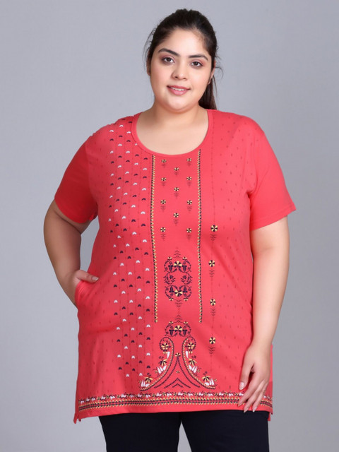 IN Love Plus Size Floral Printed Round Neck Short Sleeves Longline Cotton T-Shirt