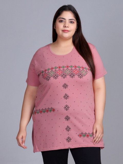 IN Love Plus Size Floral Printed Round Neck Short Sleeves Longline Cotton T-Shirt