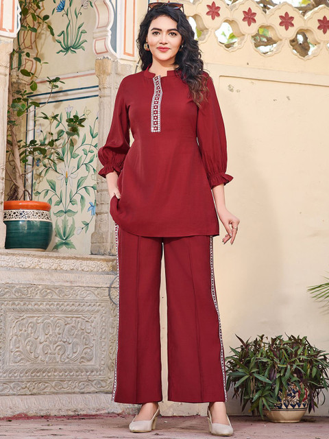 Moda Rapido Embroidered Mandarin Collar Tunic With Trouser