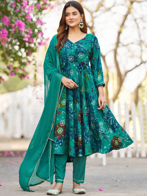 VIBE VISION Floral Printed V Neck Anarkali Style Kurta With Trousers & Dupatta