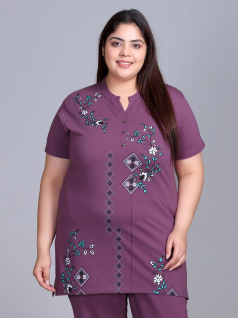 IN Love Plus Size Floral Printed Mandarin Collar Short Sleeves Longline Cotton T-Shirt