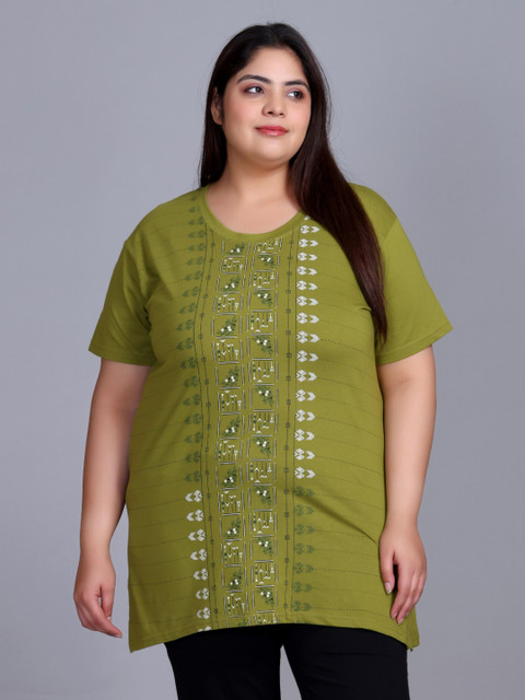 IN Love Plus Size Floral Printed Round Neck Short Sleeves Longline Cotton T-Shirt