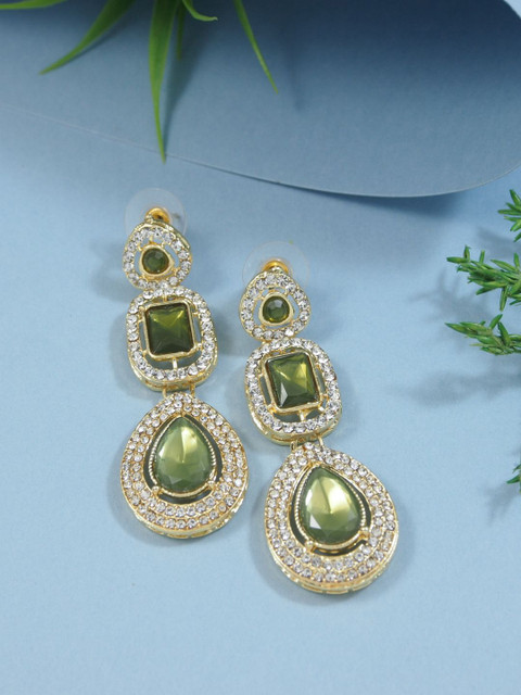 I Jewels Gold-Plated Artificial Stones Studded Teardrop Shaped Drop Earrings