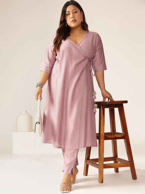 Janasya Women Plus Size Lavender Silk Blend Solid Angrakha Kurta Set