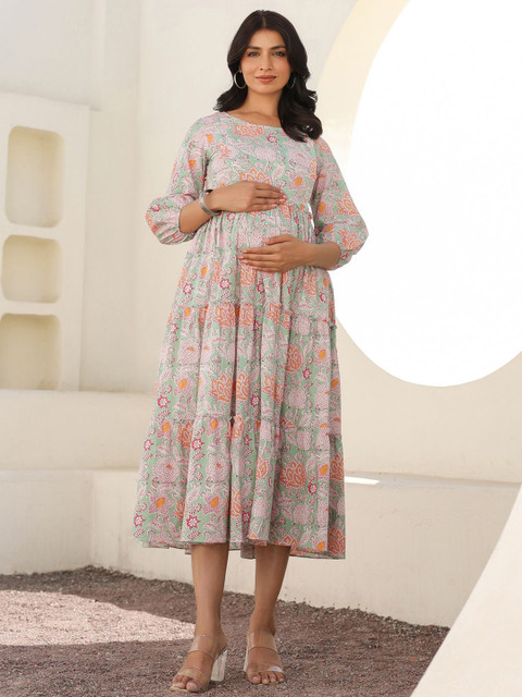 Janasya Women Light Green Pure Cotton Floral Printed Tiered Maternity Dress