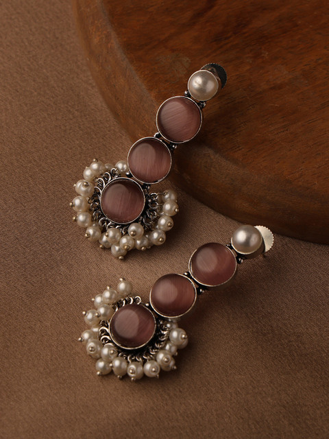 VENI 92.5 Silver-Plated Artificial Stone Studded & Beaded Oxidised Drop Earrings