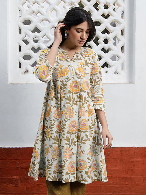 Janasya Women Off White Cotton Floral Printed A-line Tunic