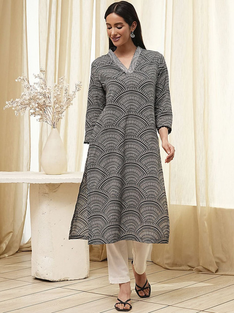 Biba Ethnic Motifs Printed V-Neck Cotton Straight Kurta