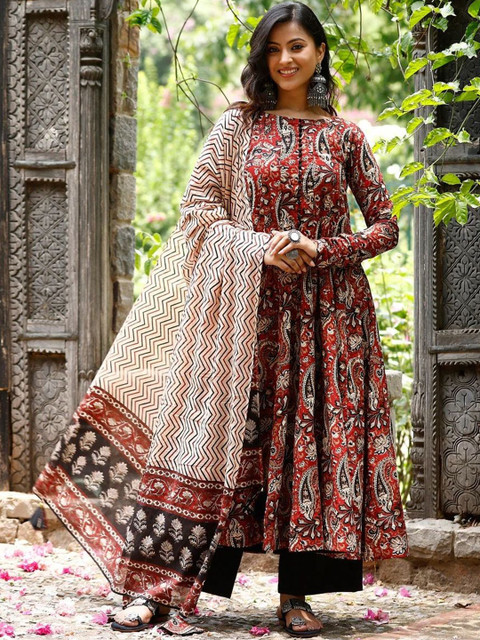 KALINI Floral Printed Round Neck Anarkali Kurta With Trousers & Dupatta