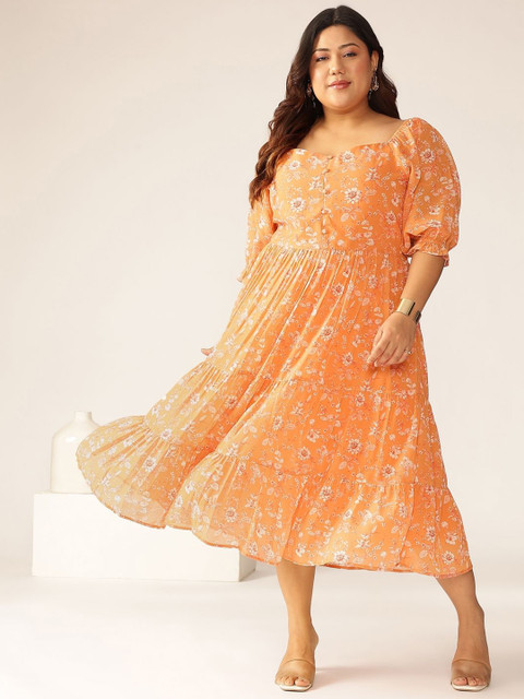 Janasya Women Plus Size Orange Georgette Floral Printed Tiered Dress