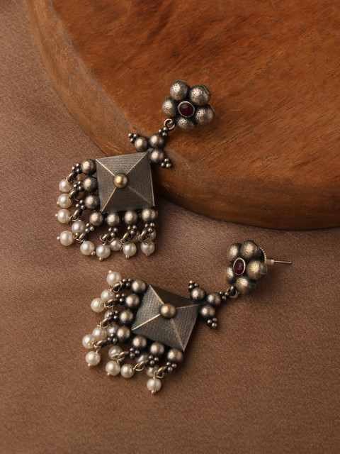 VENI 92.5 Silver-Plated Beaded Contemporary Oxidised Drop Earrings