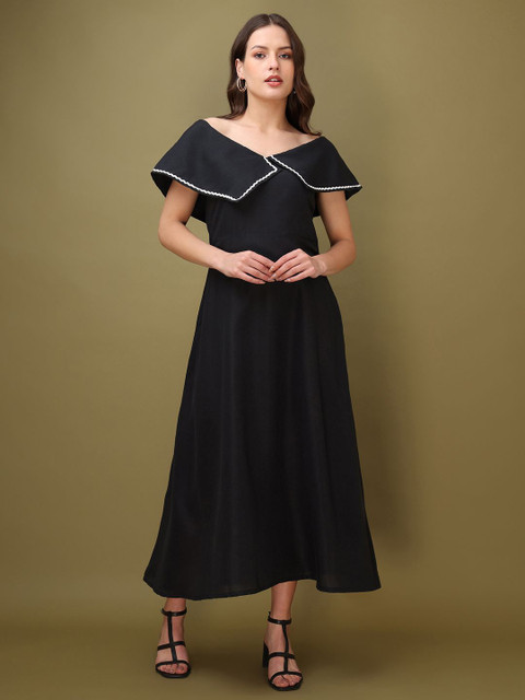 PURVAJA Solid Off-Shoulder Cotton A-Line Midi Dress