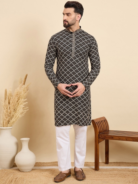 House of Pataudi Geometric Embroidered Thread Work Mandarin Collar Straight Kurta