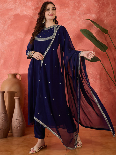 Sangria Floral Embroidered Georgette Zari Pleated A-Line Kurta With Trouser And Dupatta