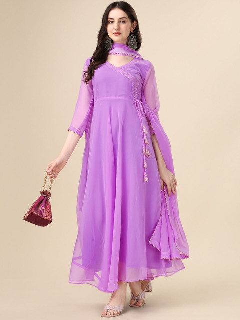 PMD Fashion V-Neck Gotta Patti Angrakha Anarkali Kurta With Dupatta