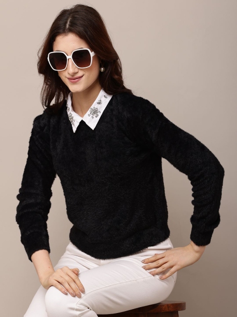 NoBarr Women Shirt Collar Pullover with Fuzzy Detail