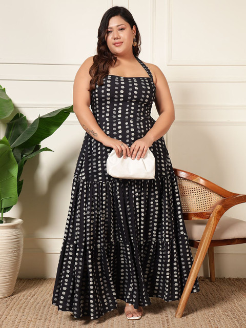 DEEBACO Women Plus Size Polka Dot Print Halter Neck Fit & Flare Dress